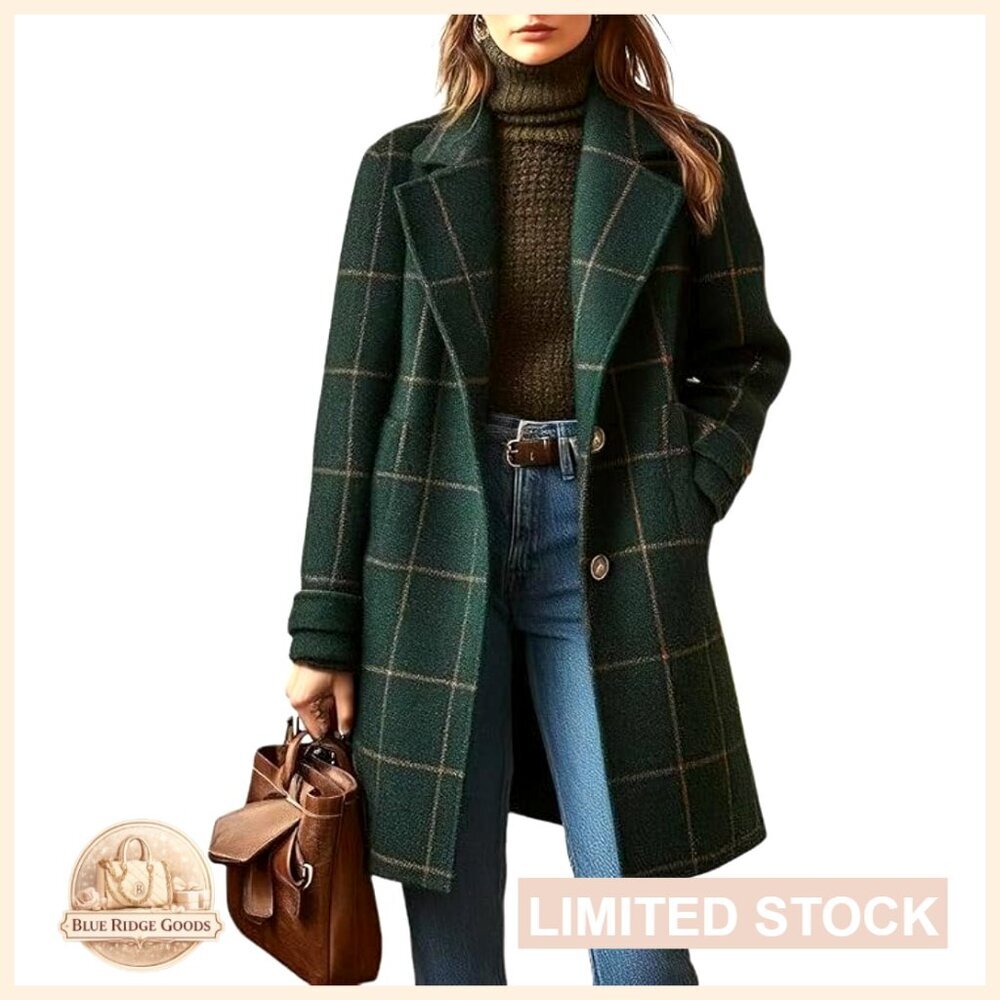 Wool Trench Coat Notched Collar Plaid Classic Elegant Winter Outerwear